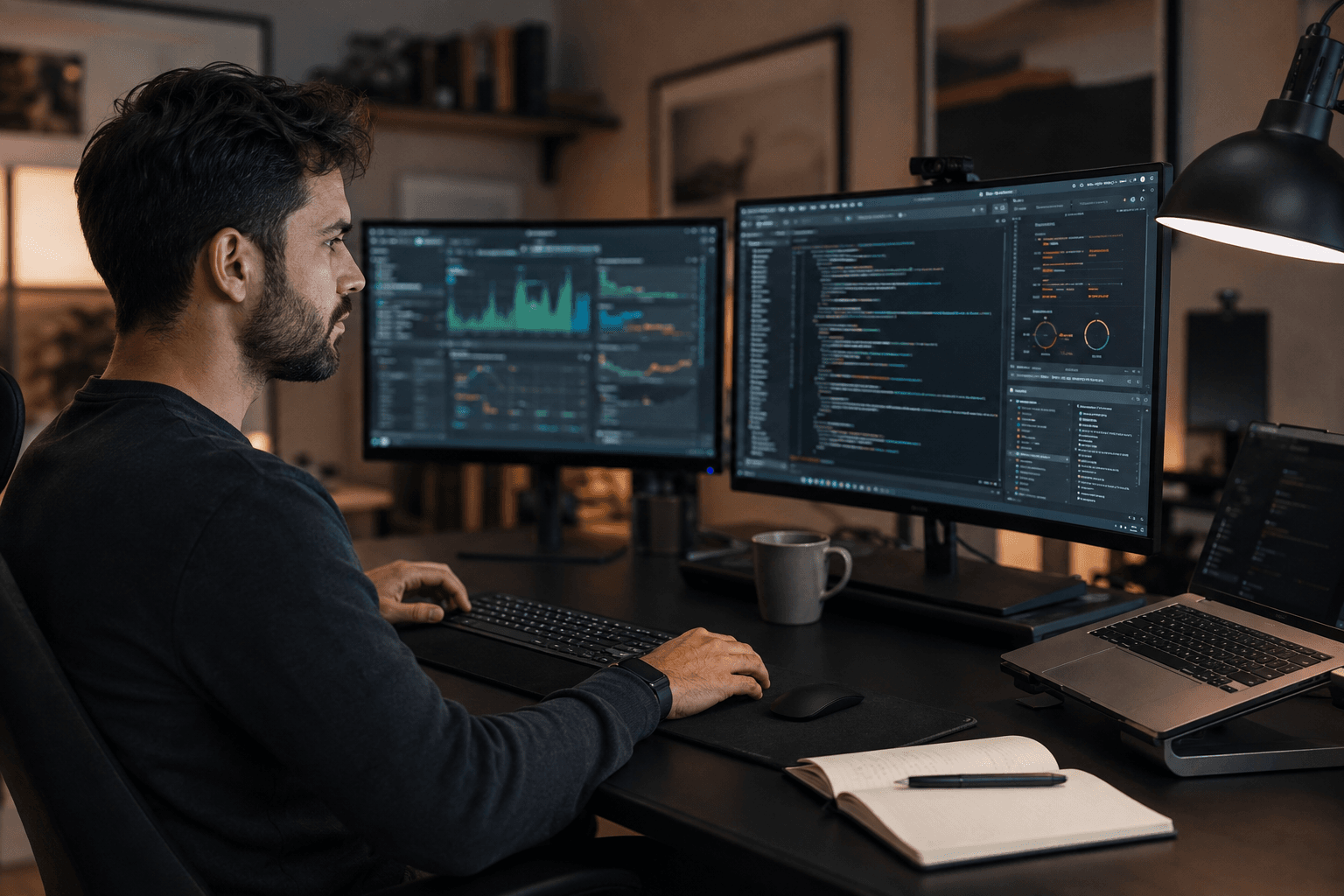 Technical consultant building software at multiple monitors
