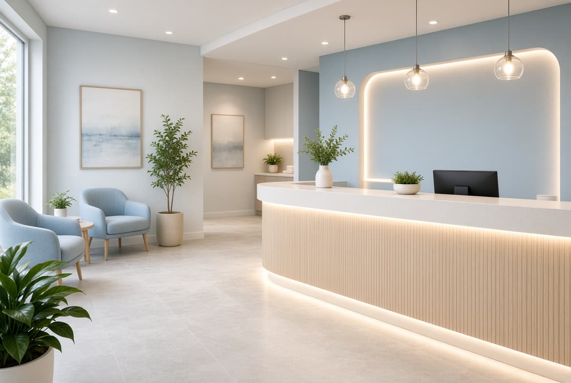 Dental reception desk, calm and modern